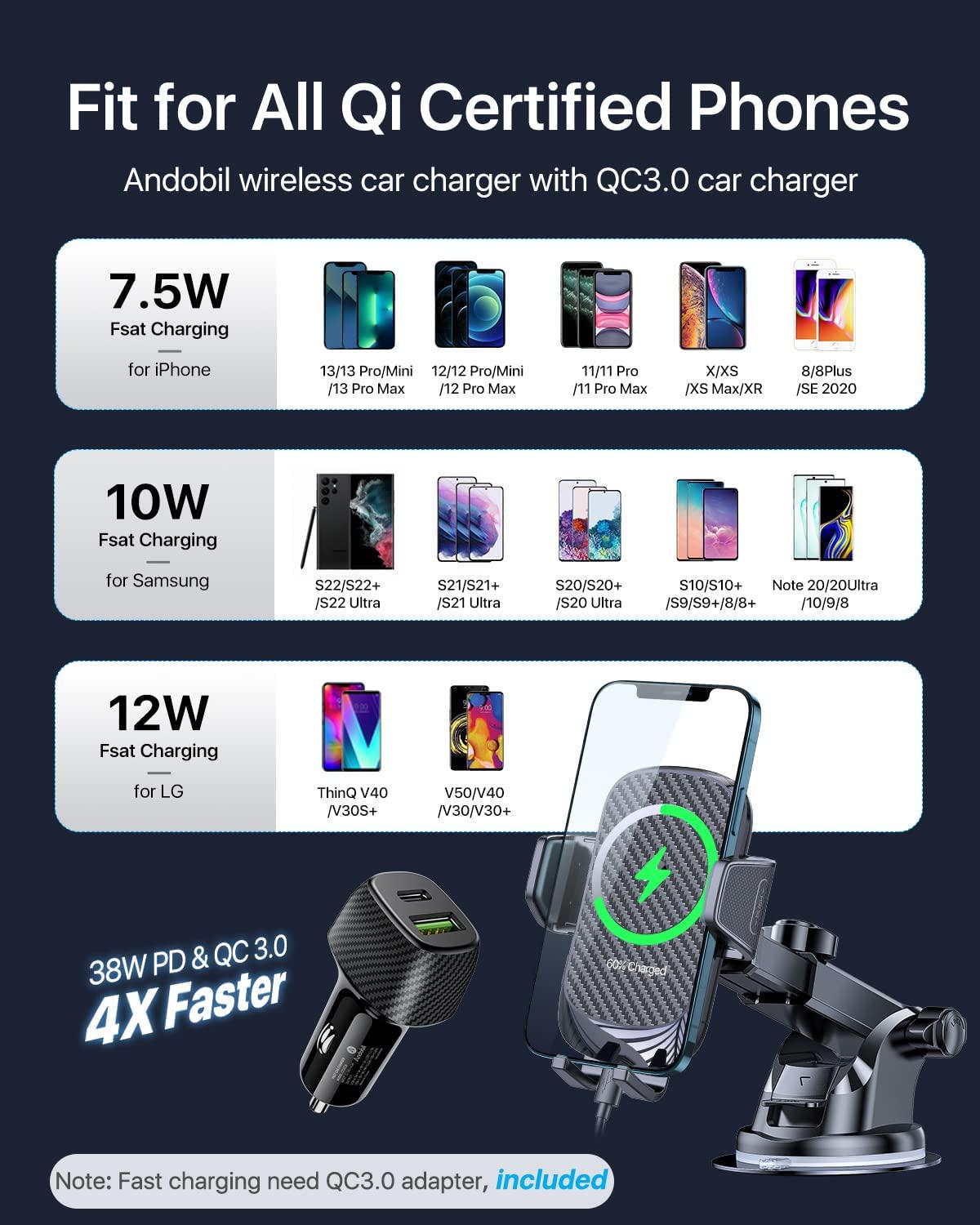 andobil, [Qi Certified] andobil Wireless Car Charger Mount with Car Charger, 15W/10W/7.5W Safety Certs Wireless Car Dash Phone Holder Charger Mount Fit for iPhone 13 12 11 Pro Max Mini and All 5G Smartphones