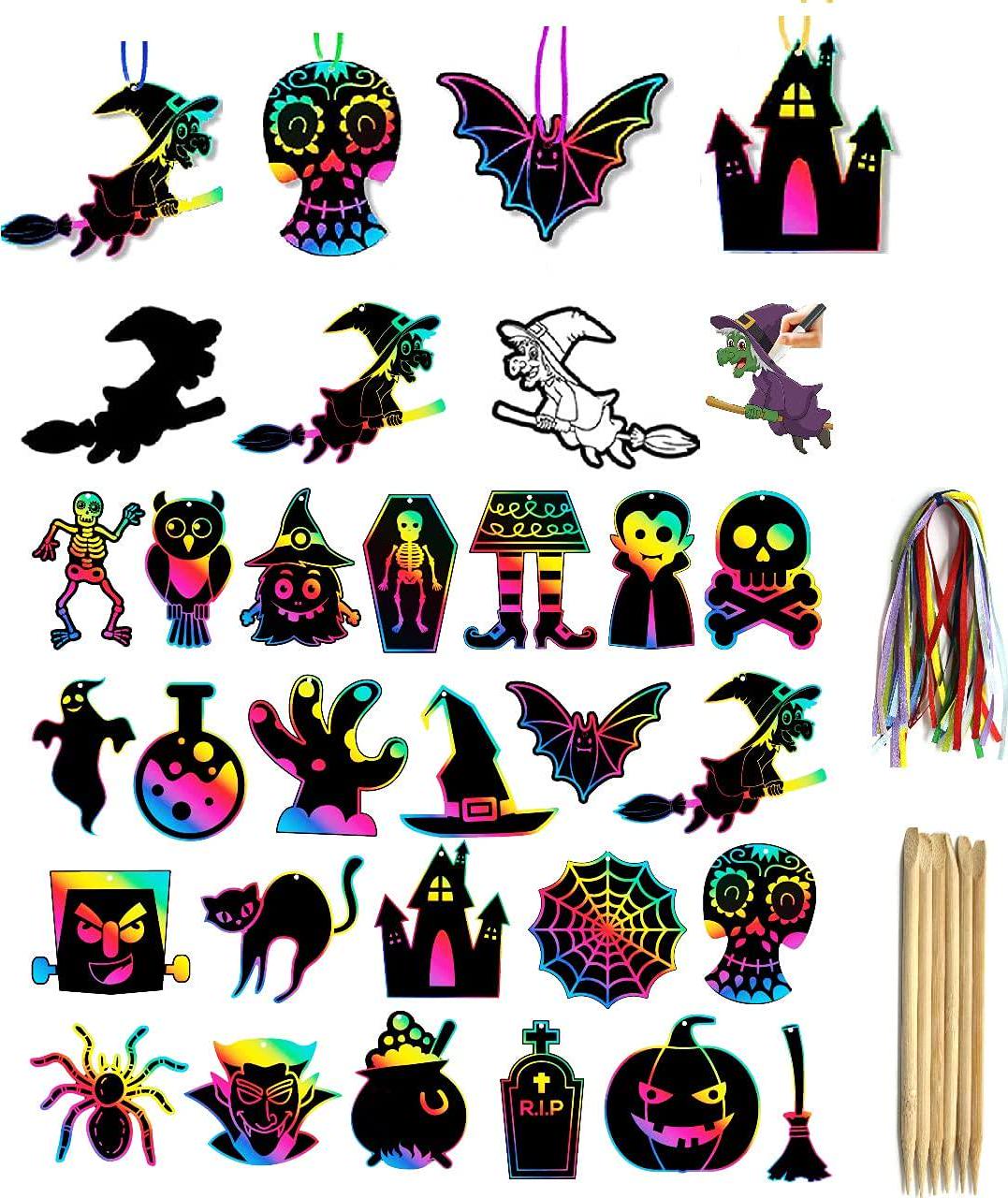 wakestar, Rainbow Scratch Paper halloween Set for Kids Boys Girls Age 4-8,12 Different Shape for Kids Drawing Activity,Arts and Crafts Supplies Kit for Halloween Party Favors Gifts Classroom Prizes