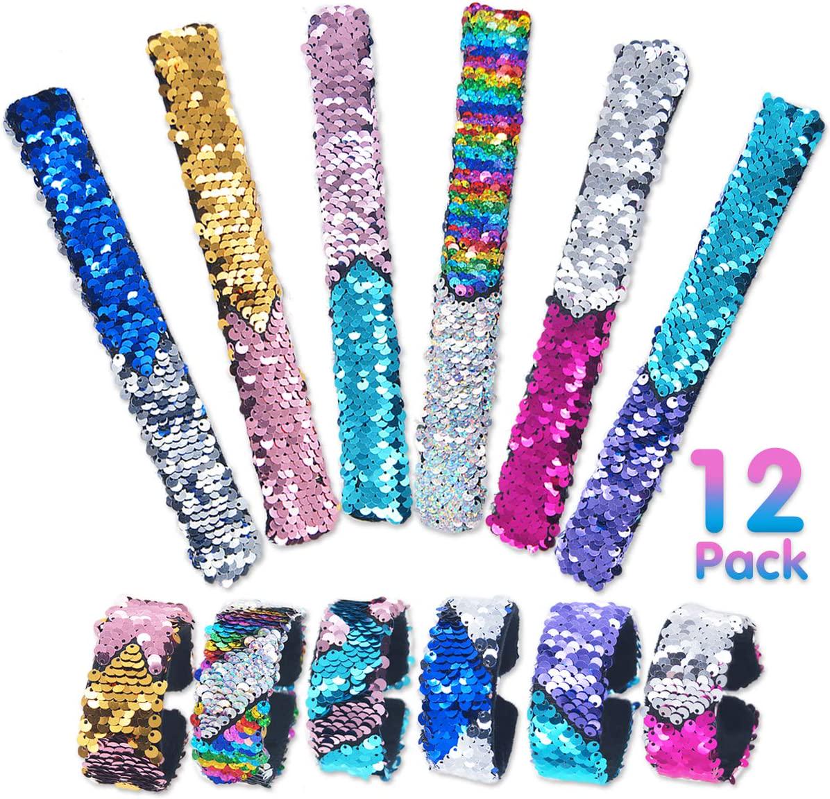 Pawliss, (Sequin Slap Bracelets-12) - Pawliss 12 Pack Little Mermaid Magic Reversible Sequin Slap Bracelets, Birthday Party Favours Supplies Gifts for Girls Kids, Pink Blue Purple