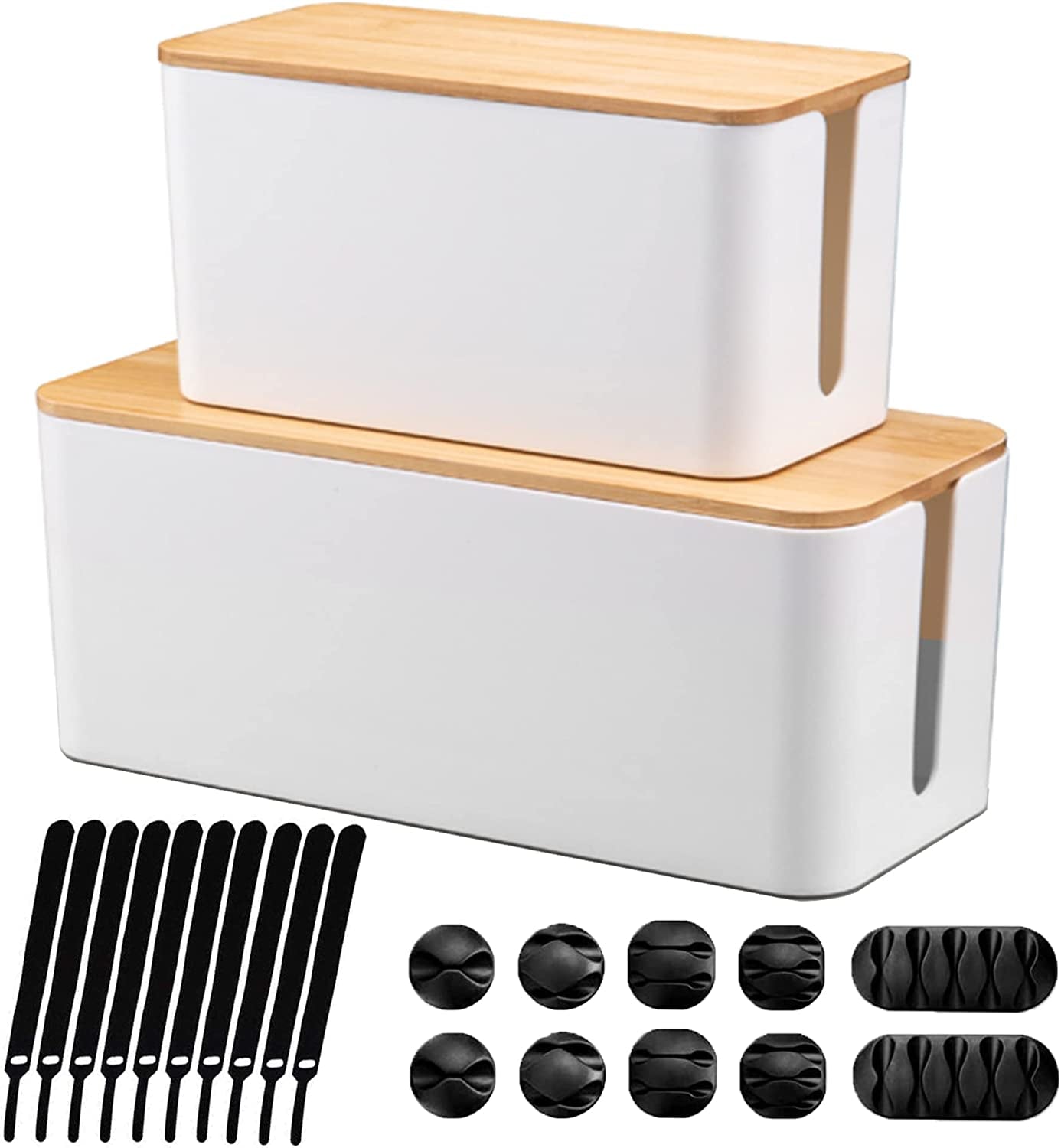 secretgreen.com.au, [Set of 2] Wood Cover Cable Management Box Set with Cable Sleeve Wire Ties Included to Organize Desk Cord Cables, Hide TV Computer Wires, USB Hub Power Strips to Make Home Office Neat (White)